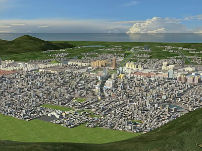 Aerial Urban Planning View With City Layout Numerous Buildings Green Spaces Mountain And Sea 3d model