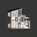 Cartoon Style Multi Level Dollhouse With Pink Interior Furniture Balcony Plants And Umbrella