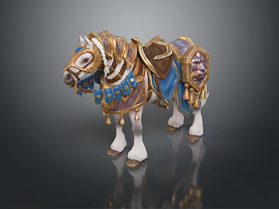 Ornate Decorative Horse Model With Gold Blue Saddle Bridle And Tassels 3d model