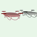 Modern Lounge Chair With Curved Metal Frame Red Gray Upholstery And Side Tray Tables