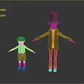 Tall Character With Top Hat And Small Child Standing With Arms Outstretched On Black Surface