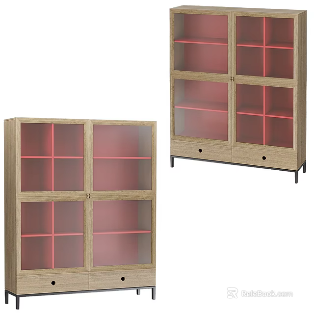 Modern Wooden Console Cabinet And Side Cabinet With Glass Doors Red Shelves And Drawers 3d model 