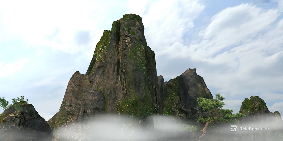 Scenic Garden Landscape With Rocky Hills Mist And Lush Green Vegetation 3d model 