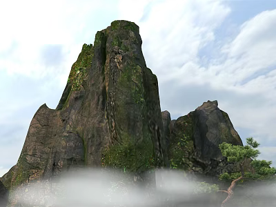 Scenic Garden Landscape With Rocky Hills Mist And Lush Green Vegetation 3d model