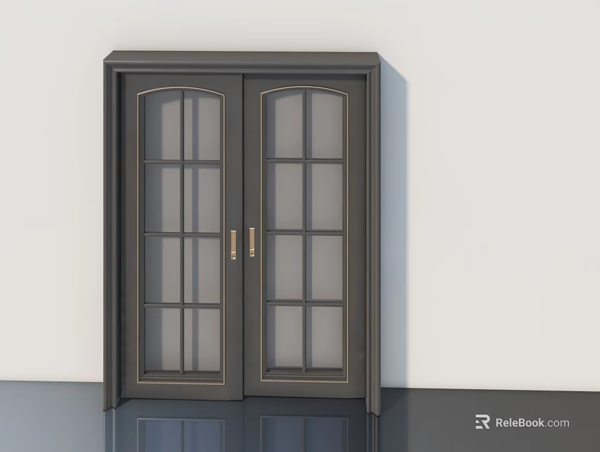 Double Hinged Doors With Glass Panes And Dark Sleek Frame Design 3d model