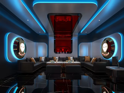 Futuristic KTV Lounge Interior With Blue Red Lighting And Sofas 3d model