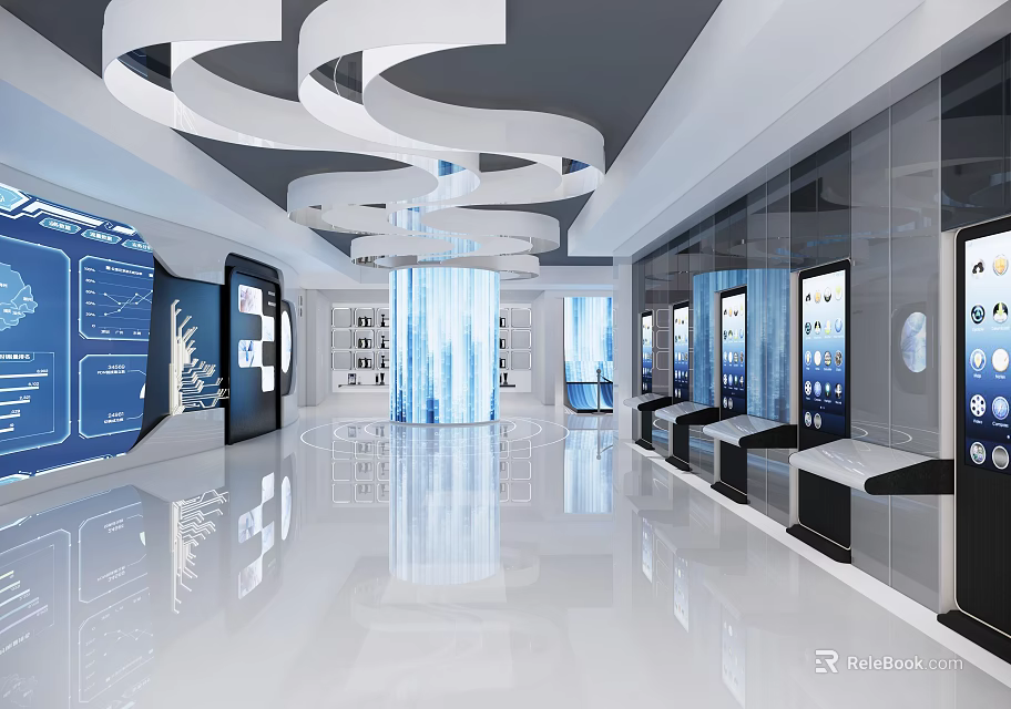Spacious Modern Tea House Interior With White Floor Gray Ceiling Spiral Decorations And Display Screens 3d model 
