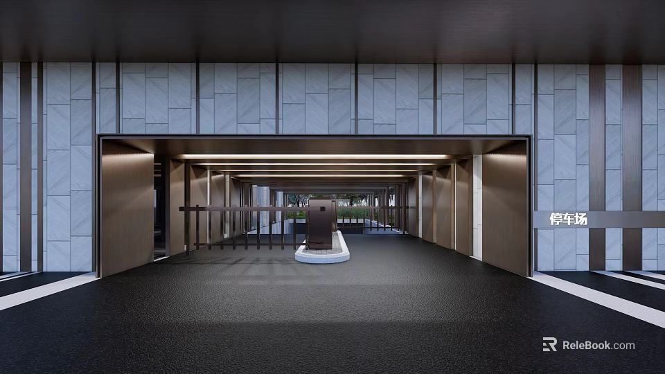 Modern Parking Garage Entryway With Stone Walls And Ambient Lighting 3d model 