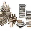 Neatly Stacked Books And Magazines With White Candles And Decorative Plates