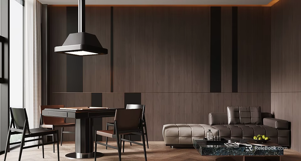 Modern Entertainment Table In Stylish Living Interior With Wooden Wall And Lighting 3d model 