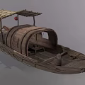 Traditional Wooden Boat With Bamboo Canopy Red Lanterns And Wooden Deck