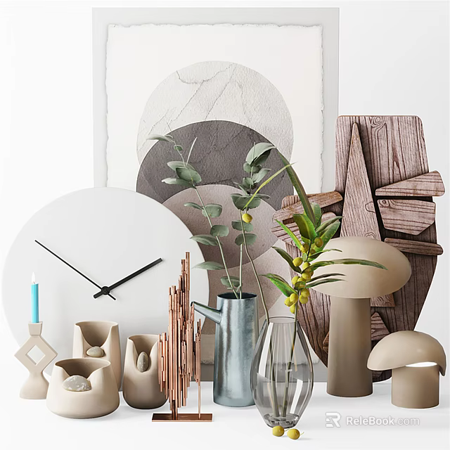 Stylish Decorative Ornament Collection With Clock Plant Vase Wooden And Mushroom Decor 3d model 
