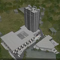 Modern Commercial Complex Featuring Tall Building Green Spaces And Surrounding Trees