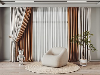 Curtain Living Room Curtain Bedroom Curtain Combination Single Sofa Potted Plant 3d model