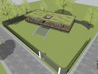 Modern Detached Villa With Green Roof Lawn Trees Fence And Pathway 3d model