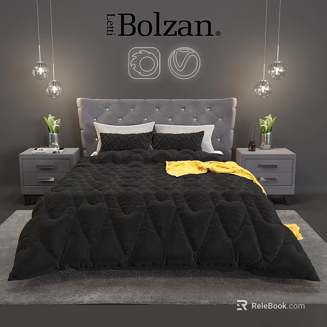 Modern Bedroom Double Bed With Grey Tufted Headboard Black Comforter Yellow Blanket Pendant Lights 3d model 