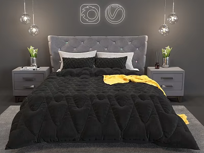 Modern Bedroom Double Bed With Grey Tufted Headboard Black Comforter Yellow Blanket Pendant Lights 3d model