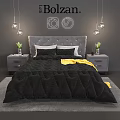Modern Bedroom Double Bed With Grey Tufted Headboard Black Comforter Yellow Blanket Pendant Lights