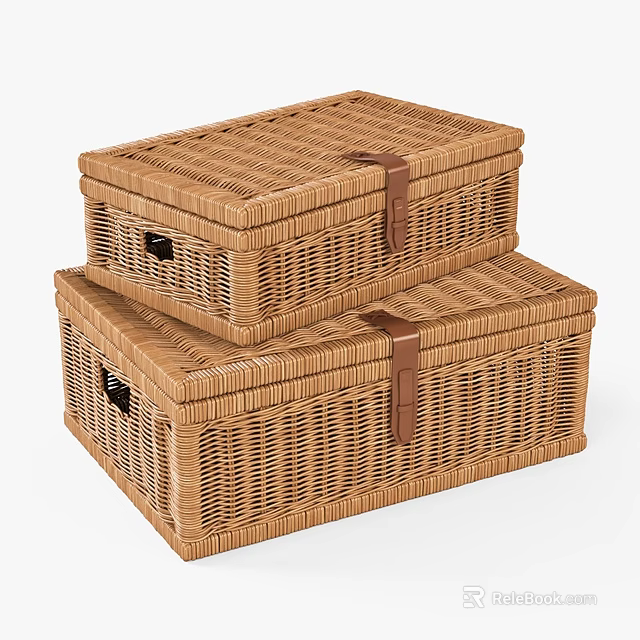 Natural Style Wall Decor With Stacked Wicker Storage Boxes And Leather Straps 3d model