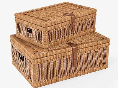 Natural Style Wall Decor With Stacked Wicker Storage Boxes And Leather Straps 3d model