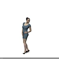Elegant Woman in Blue Fitted Dress Standing Against Gray Background Wearing Black High Heels