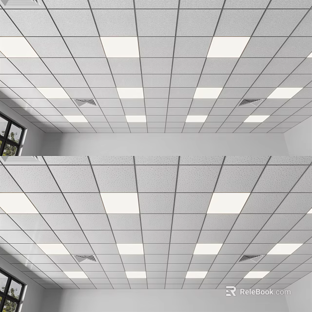 Ceiling Design With Neatly Arranged White Square Panels Grid Lines And Recessed Lights 3d model 