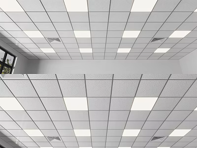 Ceiling Design With Neatly Arranged White Square Panels Grid Lines And Recessed Lights 3d model