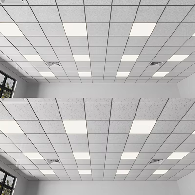 Ceiling Design With Neatly Arranged White Square Panels Grid Lines And Recessed Lights 3d model