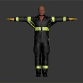 Firefighter in Uniform With Reflective Stripes Yellow Gloves and Black Boots Standing Against Gray Background