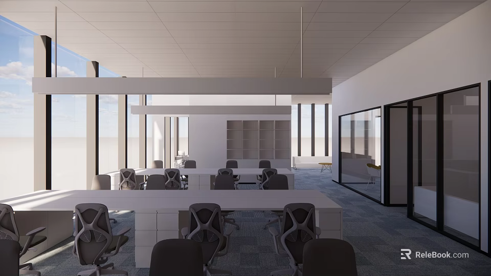 Modern Public Office Space With Long Worktables Ergonomic Chairs And Floor To Ceiling Windows 3d model 
