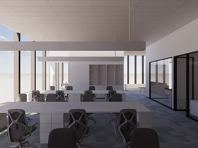 Modern Public Office Space With Long Worktables Ergonomic Chairs And Floor To Ceiling Windows 3d model
