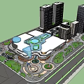 Modern Commercial Street With High Rise Buildings Shopping Mall Plaza And Parking Lot