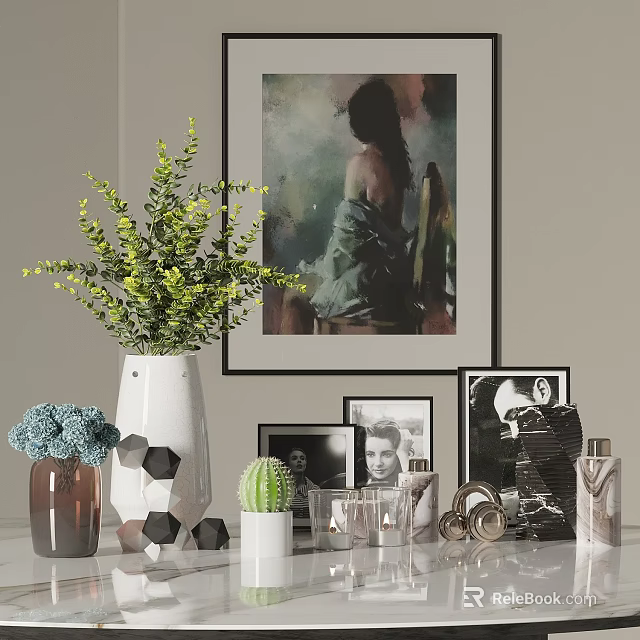 Elegant Decorative Ornament Combination With Green Plants Art Painting Photo Frames Vases And Small Cactus 3d model 