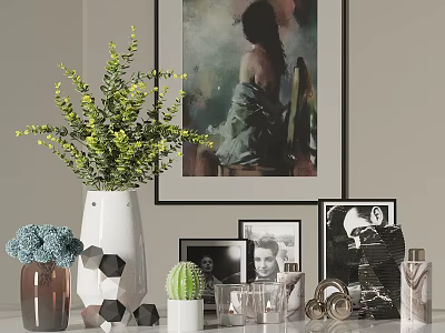 Elegant Decorative Ornament Combination With Green Plants Art Painting Photo Frames Vases And Small Cactus 3d model