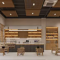 Dessert Shop Interior With Wooden Furniture Display Cases And Greenery
