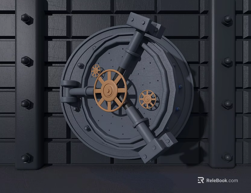 Sturdy Metal Vault Door With Brass Gears And Dark Background Design 3d model 