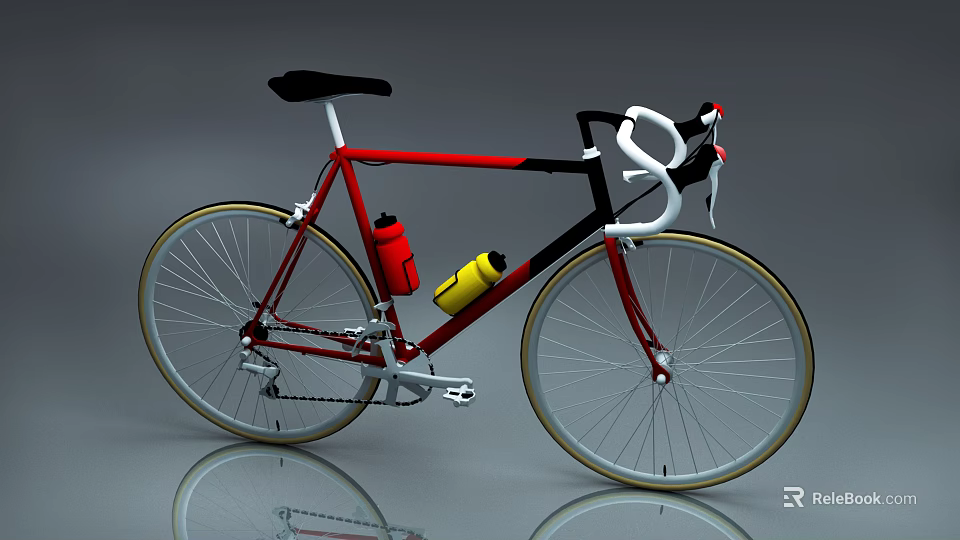 Red And Black Road Bicycle With White Handlebar Gold Rimmed Wheels And Water Bottles 3d model 