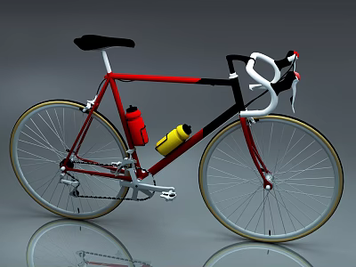 Red And Black Road Bicycle With White Handlebar Gold Rimmed Wheels And Water Bottles 3d model