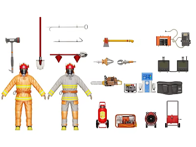 Essential Firefighting Equipment With Firefighter Uniforms Axes Hoses Extinguishers and Rescue Tools 3d model