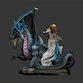 Woman in White Dress Holding Staff with Blue Dragon Decorative Statue