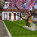 Modern Detached Villa Exterior With Stone Steps Large Windows Green Plants And Pink Flowering Tree