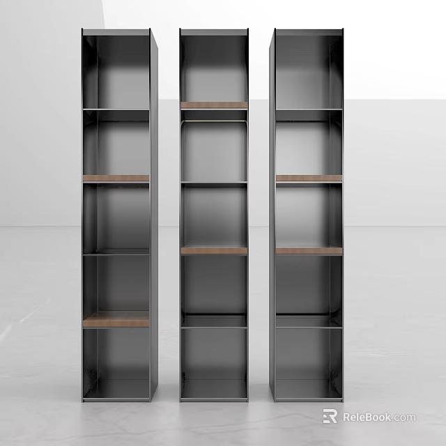 Modern Minimalist Decorative Cabinet With Three Tall Units Metal Frame And Wooden Shelves 3d model 