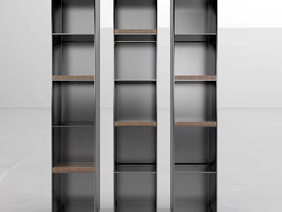 Modern Minimalist Decorative Cabinet With Three Tall Units Metal Frame And Wooden Shelves 3d model