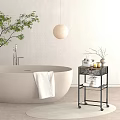 Modern Bathroom Set Design With Freestanding Bathtub Towel Metal Shelf And Pendant Light