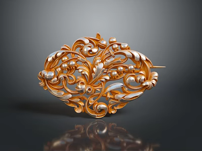 Ornate Gold Metal Accessory With Intricate Floral Pattern And Pearl Like Beads 3d model