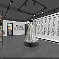 Modern Bridal Shop Interior With Wedding Dress Display Picture Frames Green Plants And Sofa