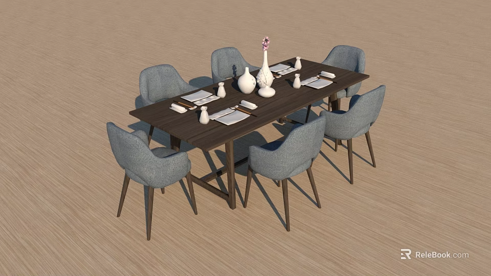 Modern Dining Table Set With Six Gray Chairs Dark Legs Decorative Vases And Tableware 3d model