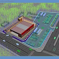 Industrial Factory Building With Solar Panels On Roof Surrounded By Trees And Parking Area