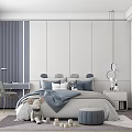Kids Room Interior With Gray Blue Bedding Stuffed Toy Mouse Building Blocks And Pouf Stool