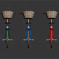 Three Colorful Vintage Bicycles With Wicker Front Baskets And White Wall Tires